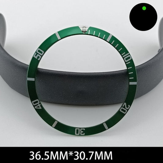 36,5/30,7 mm grüne Lume-Aluminium-Uhrenlünette mit Neigung, weiße Schrift, Uhrenteil