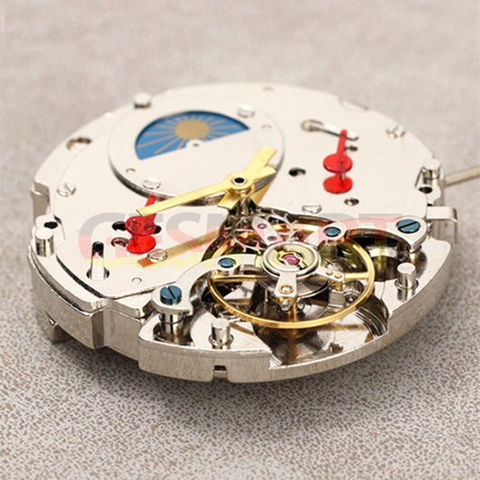 Dandong Silver watch with automatic mechanical movement, moon phase, and date display at 3 o'clock - elegant Asian design.