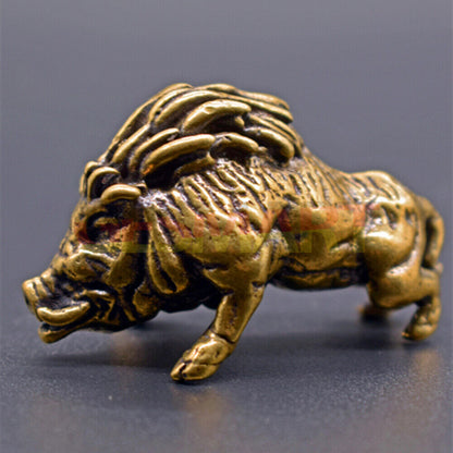 Solid copper Little Wild Boar trinket, vintage hand-carved bronze figurine for rustic decor.