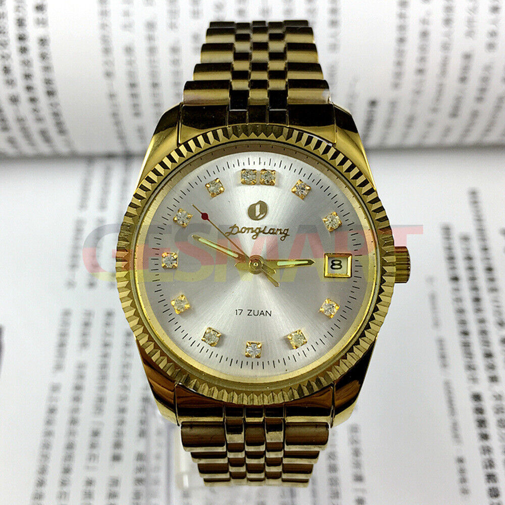 36mm China Donglang manual mechanical watch with silver dial, 17 jewels, and single calendar display.