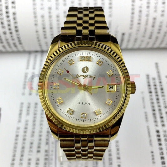 36mm China Donglang manual mechanical watch with silver dial, 17 jewels, and single calendar display.
