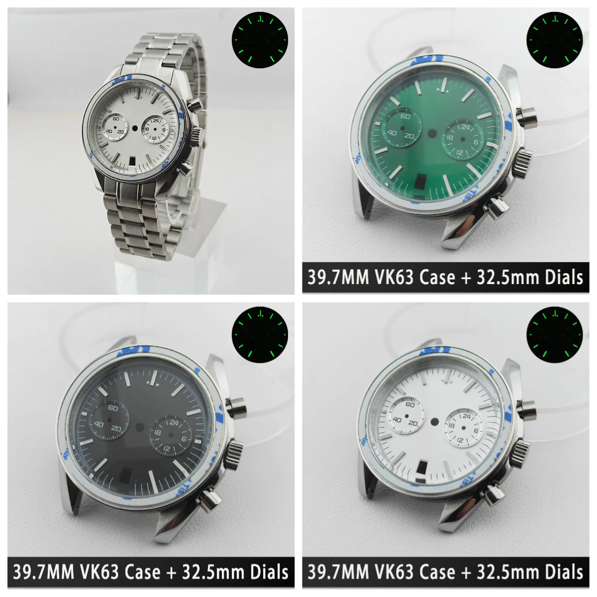 39.7mm Silver 316L Steel Watch Case 20mm Strap Solid VK63 Watch Header For VK63