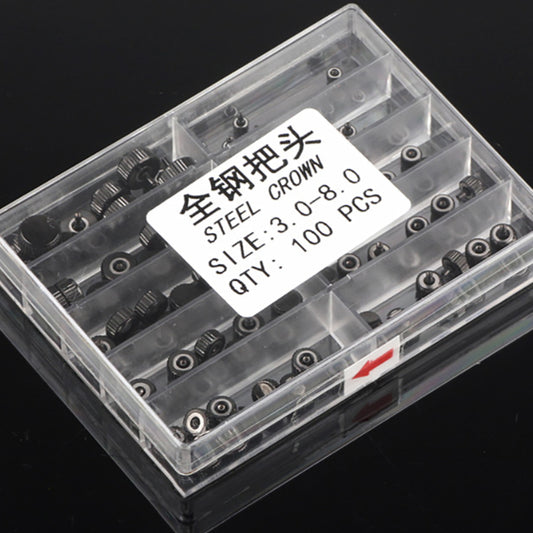 Kit de 100 couronnes de montre à quartz en acier inoxydable noir de 3 à 8 mm, pièces de réparation 