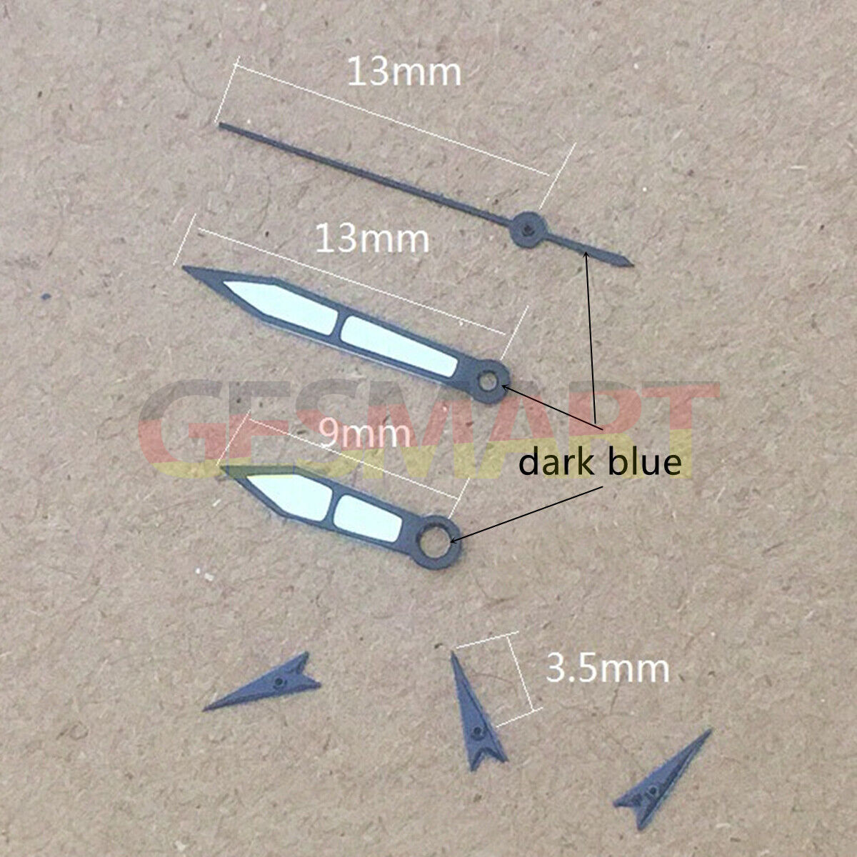 Dark blue arrow-shaped 13mm watch hands for Miyota OS series, precise and stylish brand accessory.