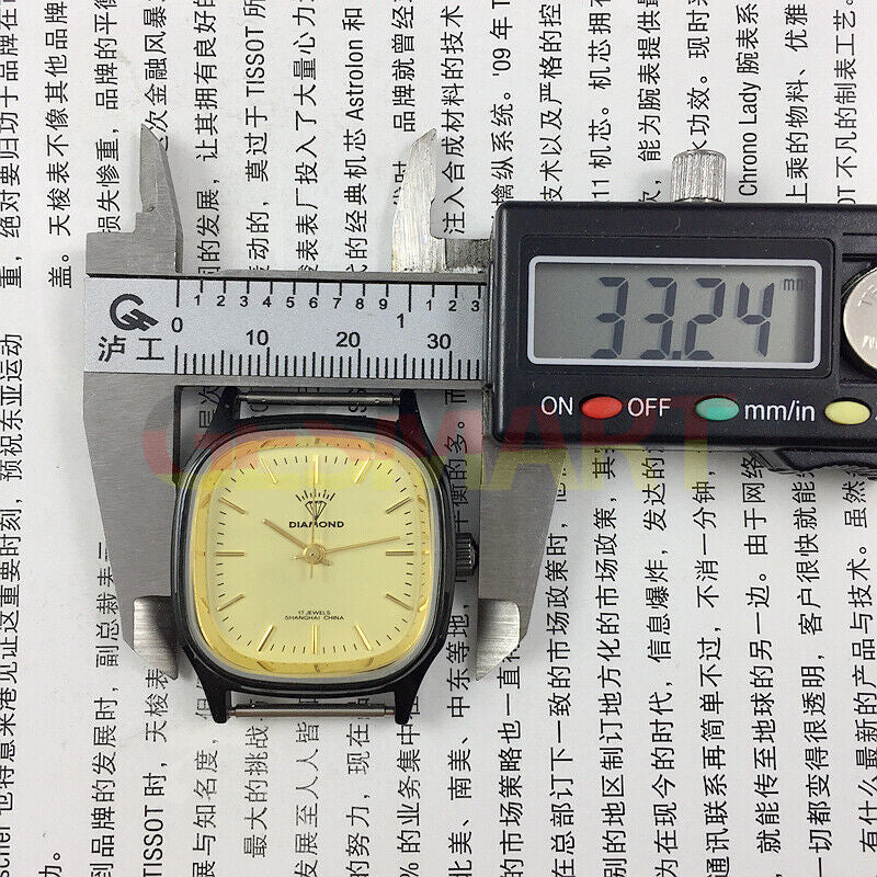 Black square 32mm Shanghai Made manual mechanical watch with 17 jewels and diamond accents, elegant design.