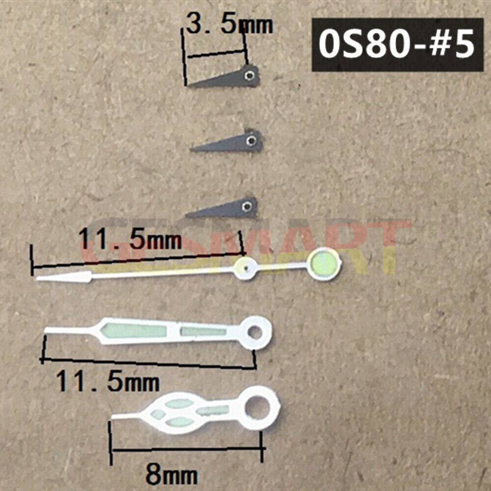 Black 11.5mm watch hands with silver trim and green luminous tips for Miyota 0S80 movement