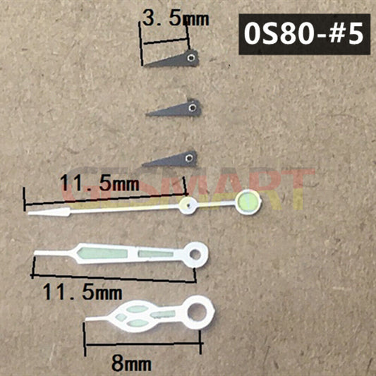 Black 11.5mm watch hands with silver trim and green luminous tips for Miyota 0S80 movement