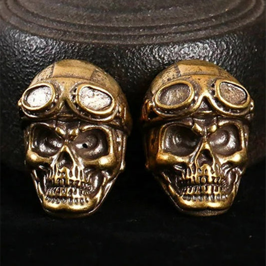 Hand-carved solid copper pilot's skull trinket, vintage bronze model figurine for collectors.