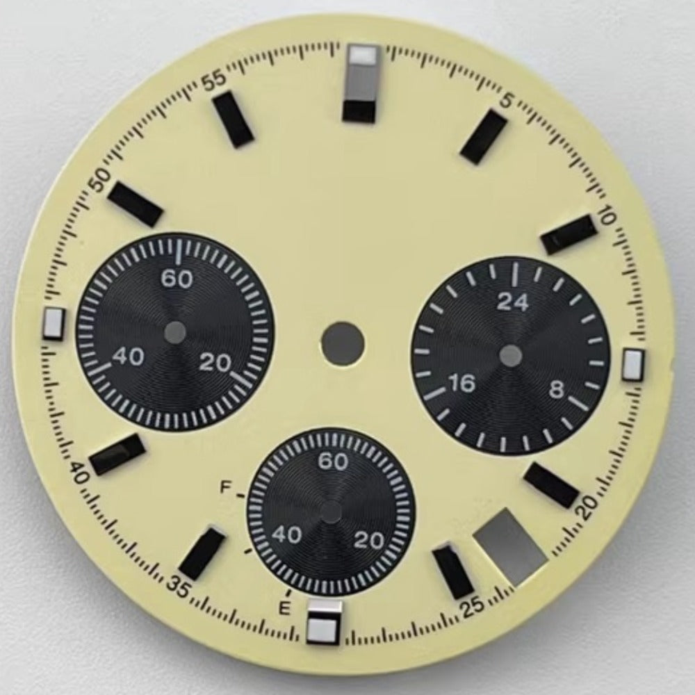 Green lume watch dial 29.5mm for VK63 movement with light yellow tone, compatible with multiple brands.