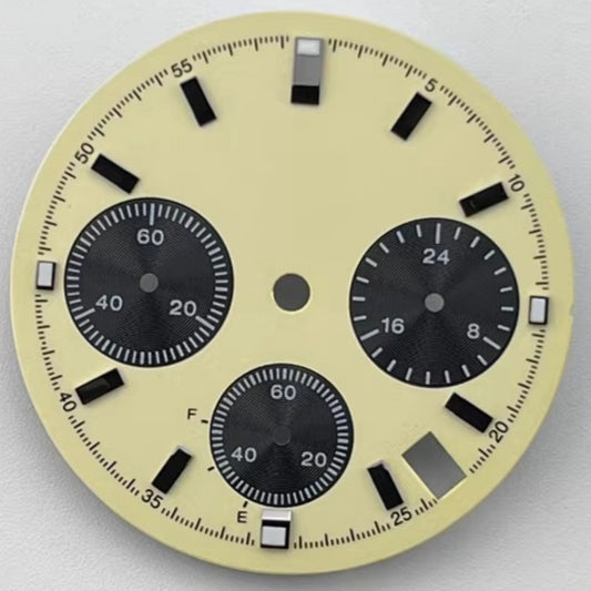 Green lume watch dial 29.5mm for VK63 movement with light yellow tone, compatible with multiple brands.
