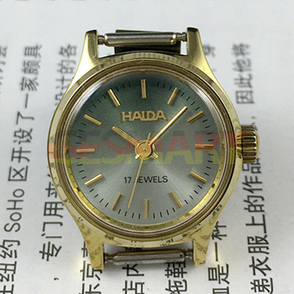 23mm SHANGHAI HAIDA lady watch with golden nail markers and blackish green dial for elegant style.