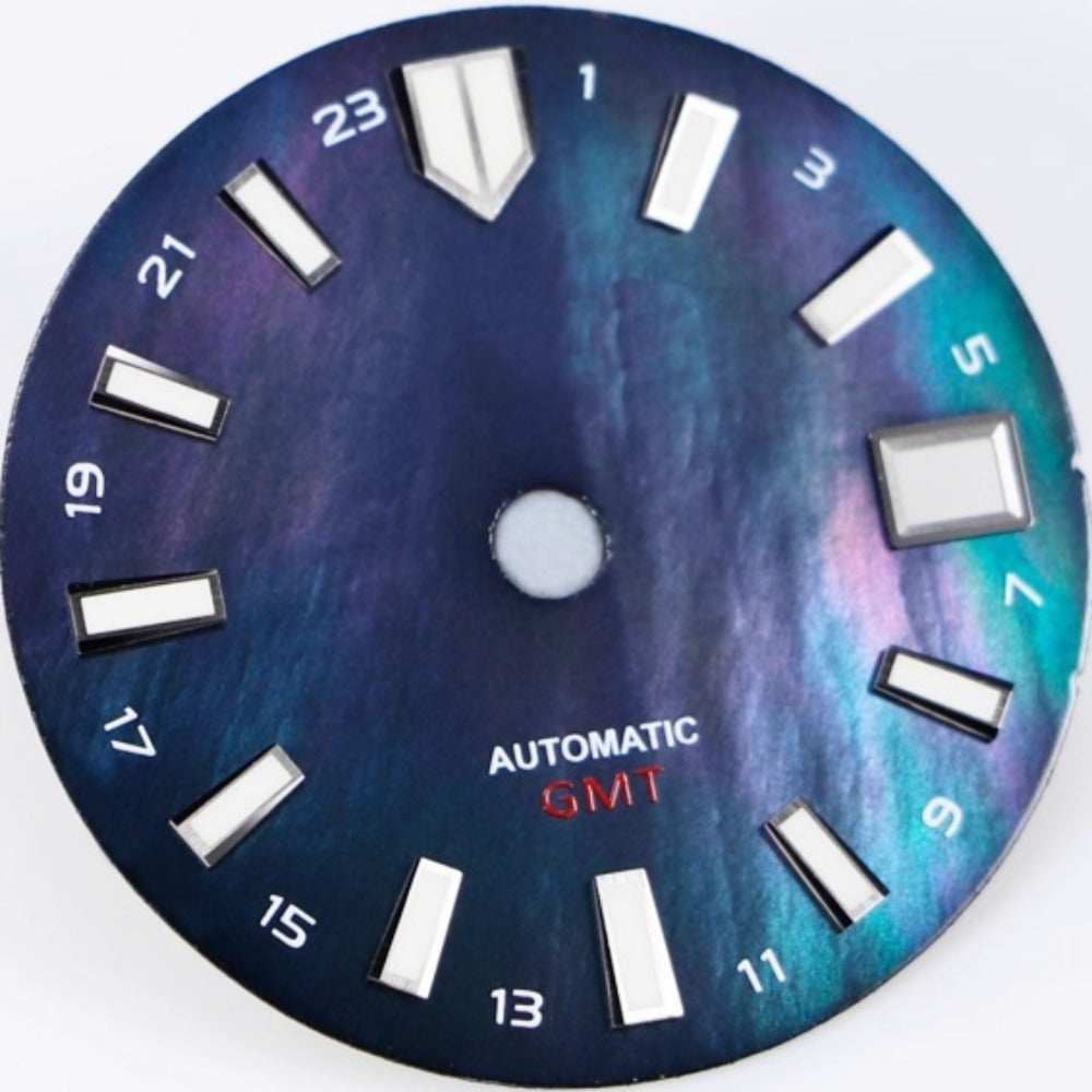 Dark blue 28.5mm MOP seashell watch dial for NH34 GMT, elegant design by Modified Seashell.