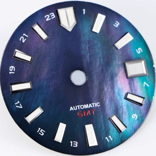 Dark blue 28.5mm MOP seashell watch dial for NH34 GMT, elegant design by Modified Seashell.