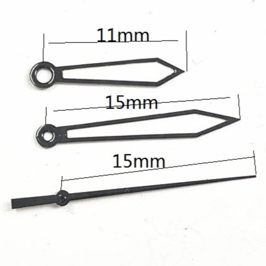 15mm black arrow-shaped watch hands with trim, designed for Miyota 2035 quartz movement.