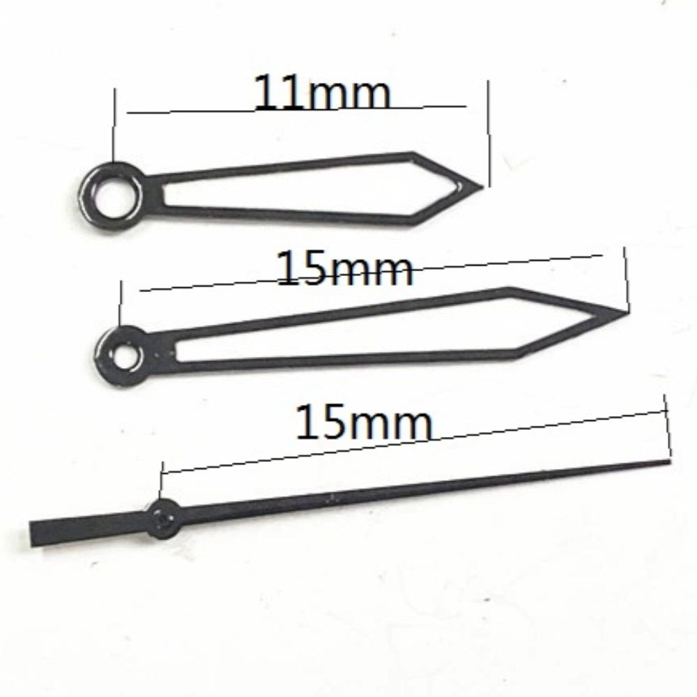 15mm black arrow-shaped watch hands with trim, compatible with Miyota 2035 quartz movement for precise timekeeping.
