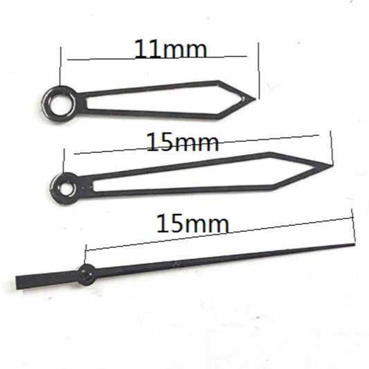 15mm black arrow-shaped watch hands with trim, compatible with Miyota 2035 quartz movement for precise timekeeping.