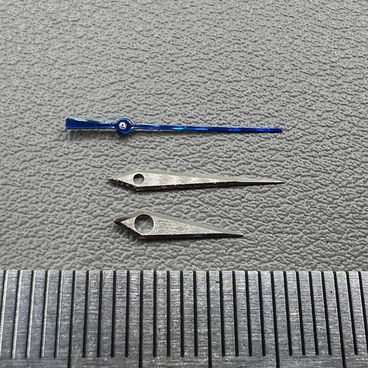 Silver and blue brushed watch hands set for NH35/36, 12.5mm, no lume, precision hemmed.