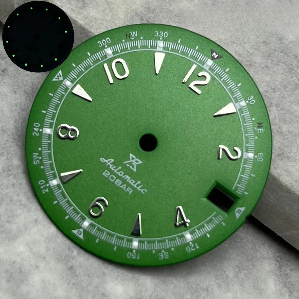 28.5Mm Green Modified Watch Dial For NH35 NH36 Movement Silver Nail