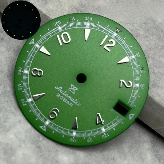 28.5Mm Green Modified Watch Dial For NH35 NH36 Movement Silver Nail