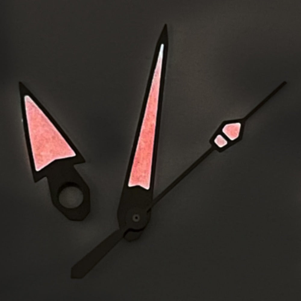 Black Trim C3 Red Lume vintage watch hands compatible with NH34-NH72 movements, enhancing readability and style.