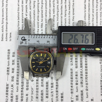 Seagull 26mm black case lady watch with gold markers, manual mechanical movement, and calendar display.