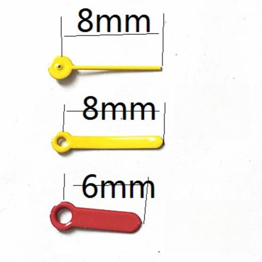 Round pointed yellow and red watch hands for Miyota 2035 quartz movement, 8x8x6mm, brand compatible.