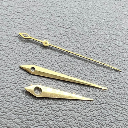 Golden rhombus tail watch hands set for NH35 NH36 NH38 movements, no lume, sleek design.