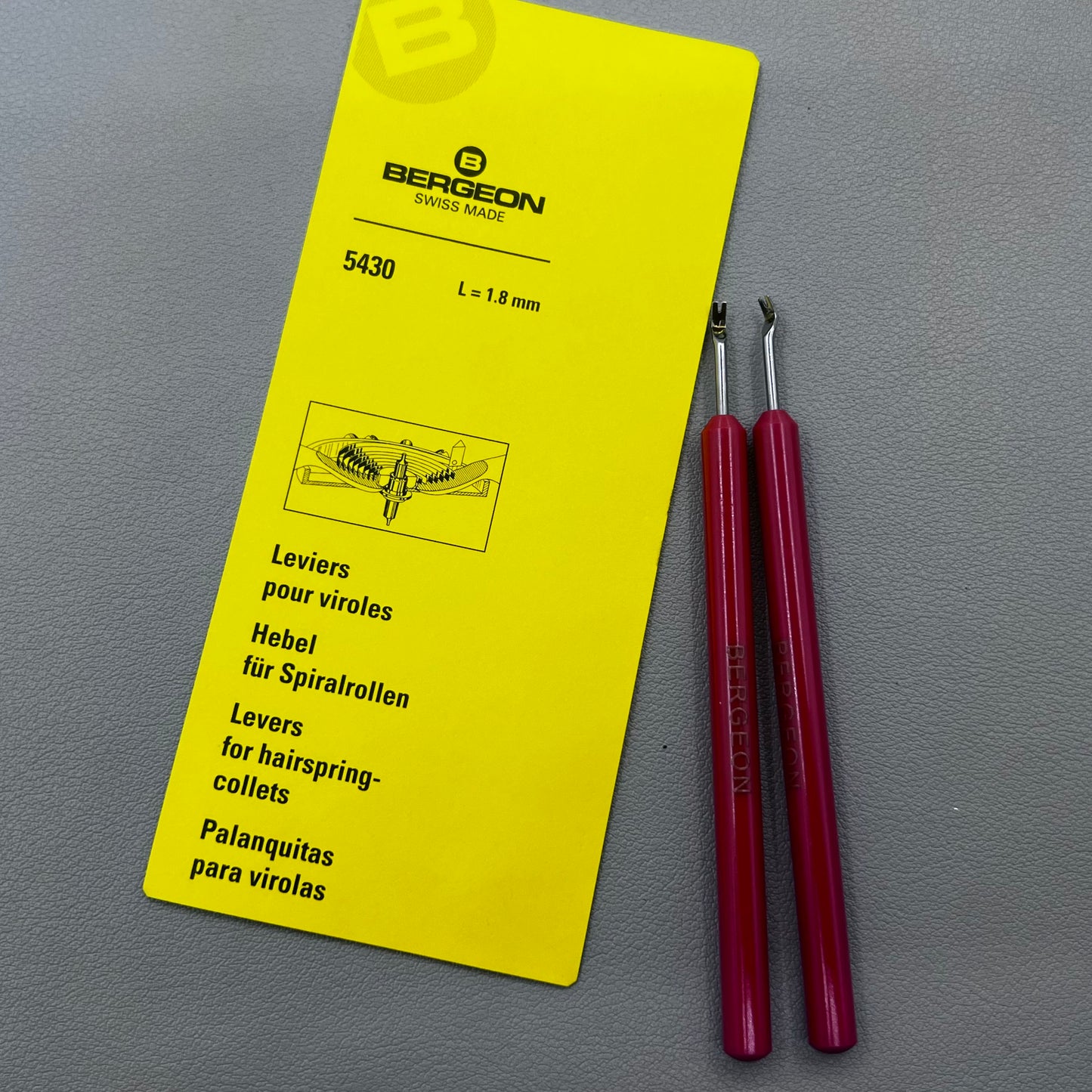 Bergeon 5430 Swiss hairspring collet lever measuring 1.80mm, precise watchmaking tool.