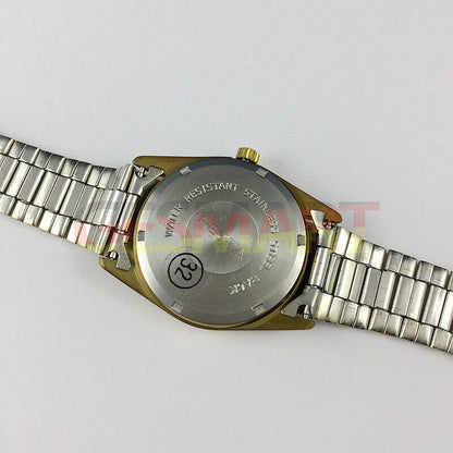 China Made manual mechanical watch with 17 jewels, golden dial, and imitation diamond markers, classic style.