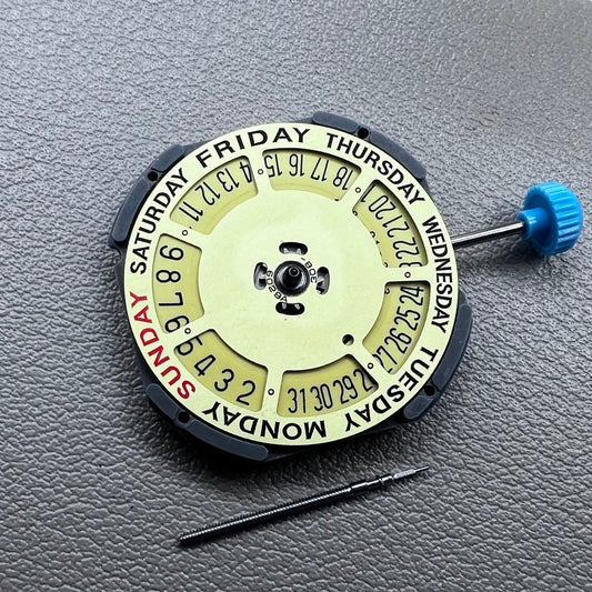 Japan Miyota 6M50 Quartz watch movement with golden dial, date at 6 o'clock, 3 hands, precise timekeeping.