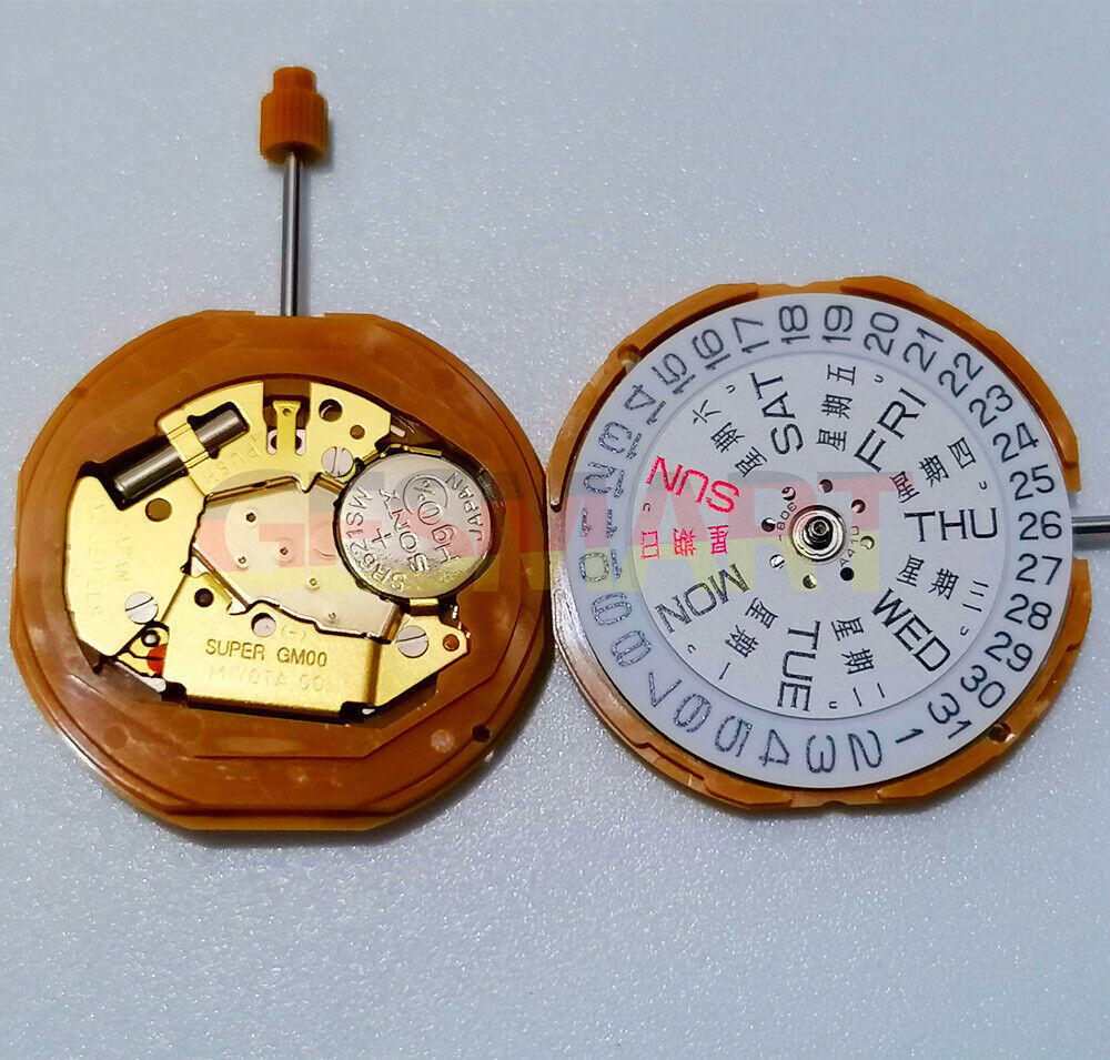 Miyota GM00 quartz watch movement with date and day display, precision Japan-made mechanism.