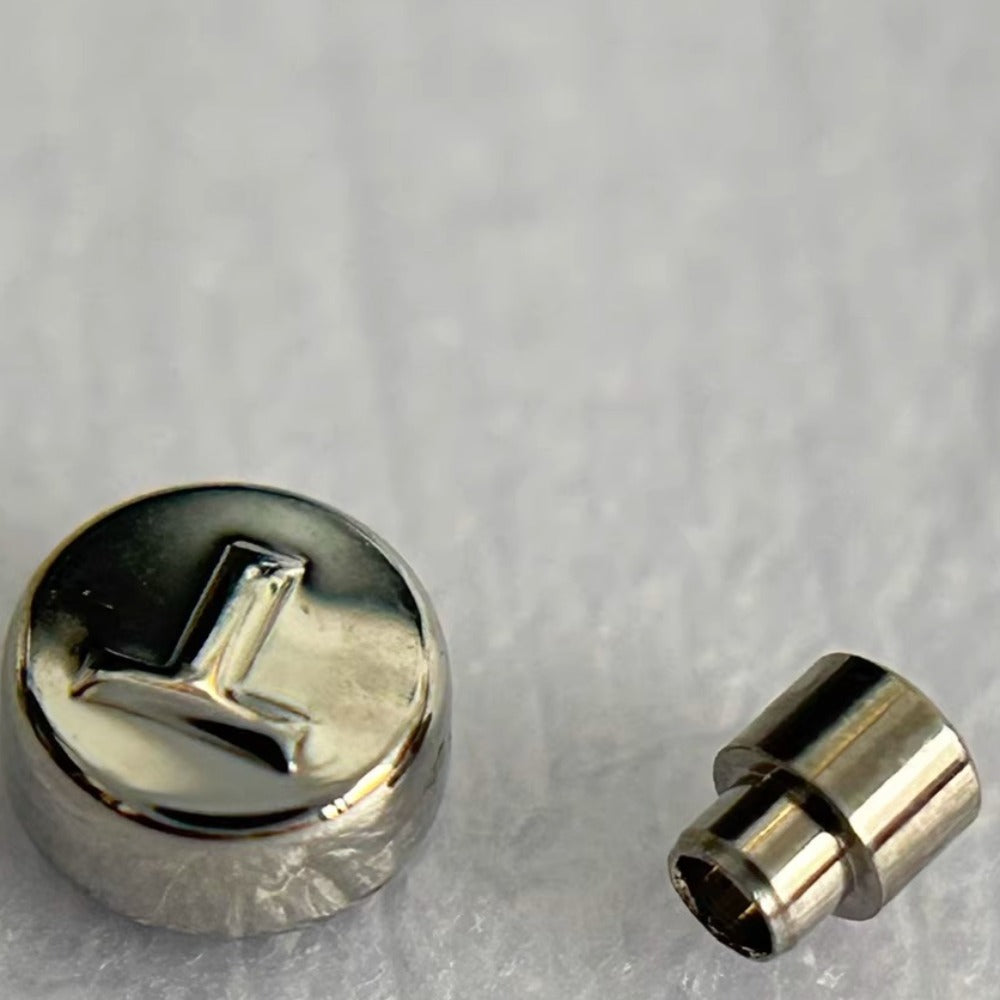 Steel silver polished watch crown for Tissot T007, durable replacement part for precise watch repair.
