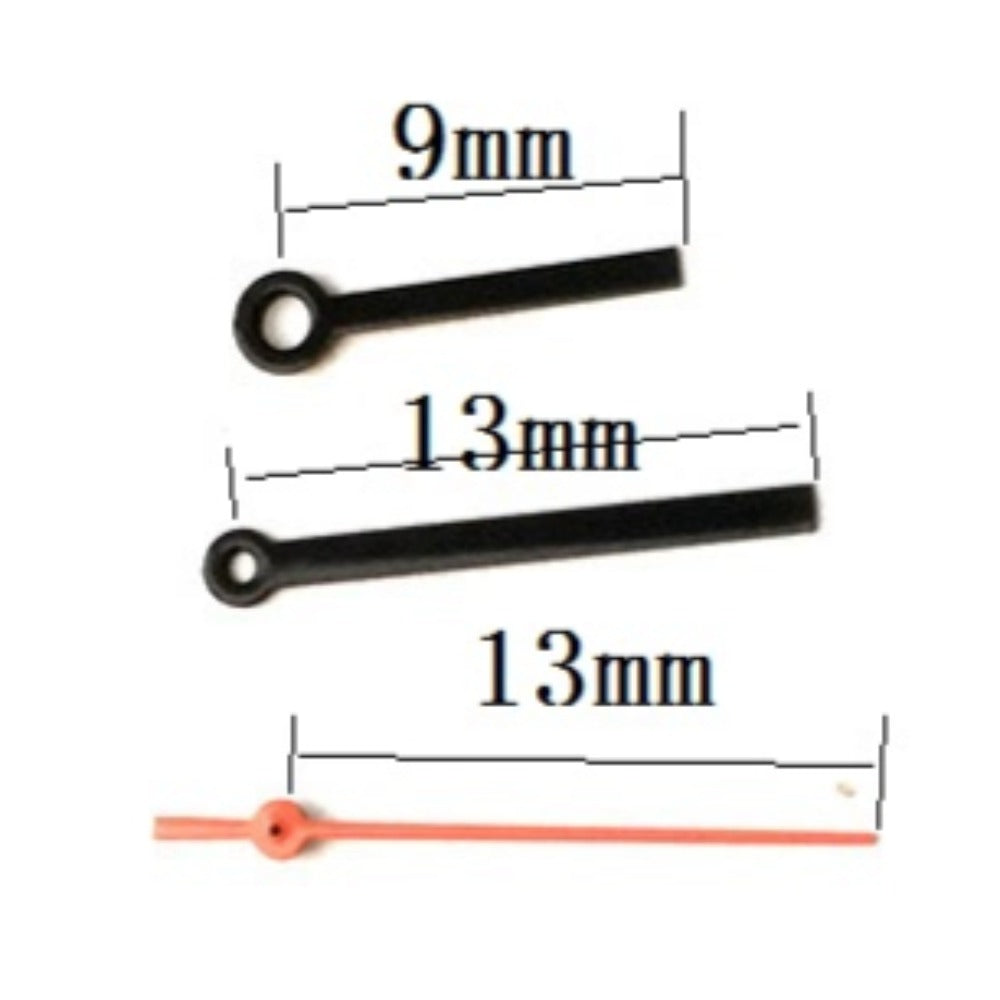 Black painted watch hands compatible with Miyota 2035 quartz, 13x13x9mm size, precise timekeeping detail.