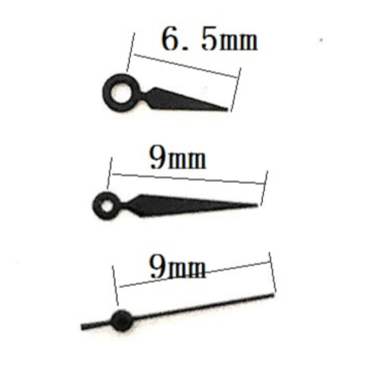 Black painted 9x9x6.5mm watch hands compatible with Miyota 2035 quartz movement, sleek design.