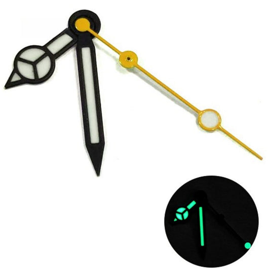 Matted black trim watch hands with white painted lume and yellow second hand for NH35/36 movements, brand precision.