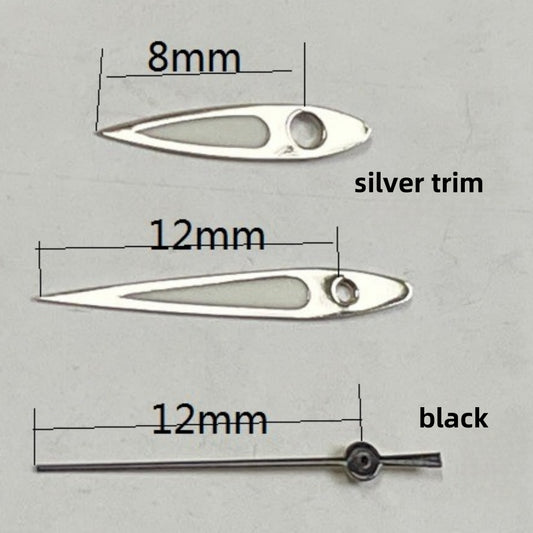 Aiguilles de seconde montre 12 x 12 x 8 mm, garniture argentée, vert luminescent, noir, pour mouvement à quartz Ronda 515