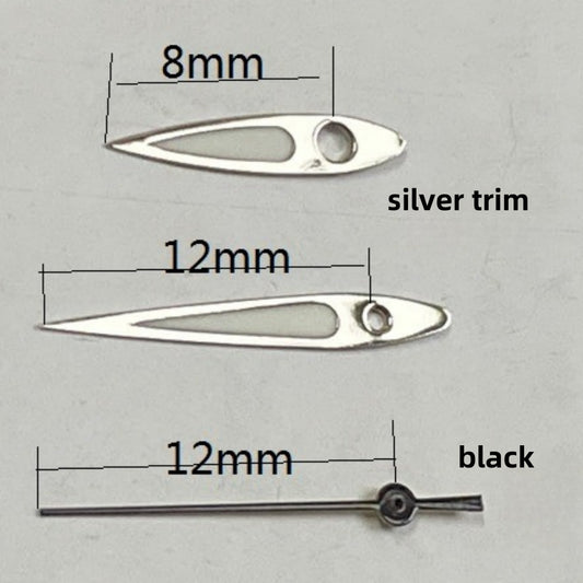 Aiguilles de seconde montre 12 x 12 x 8 mm, garniture argentée, vert luminescent, noir, pour mouvement à quartz Ronda 515