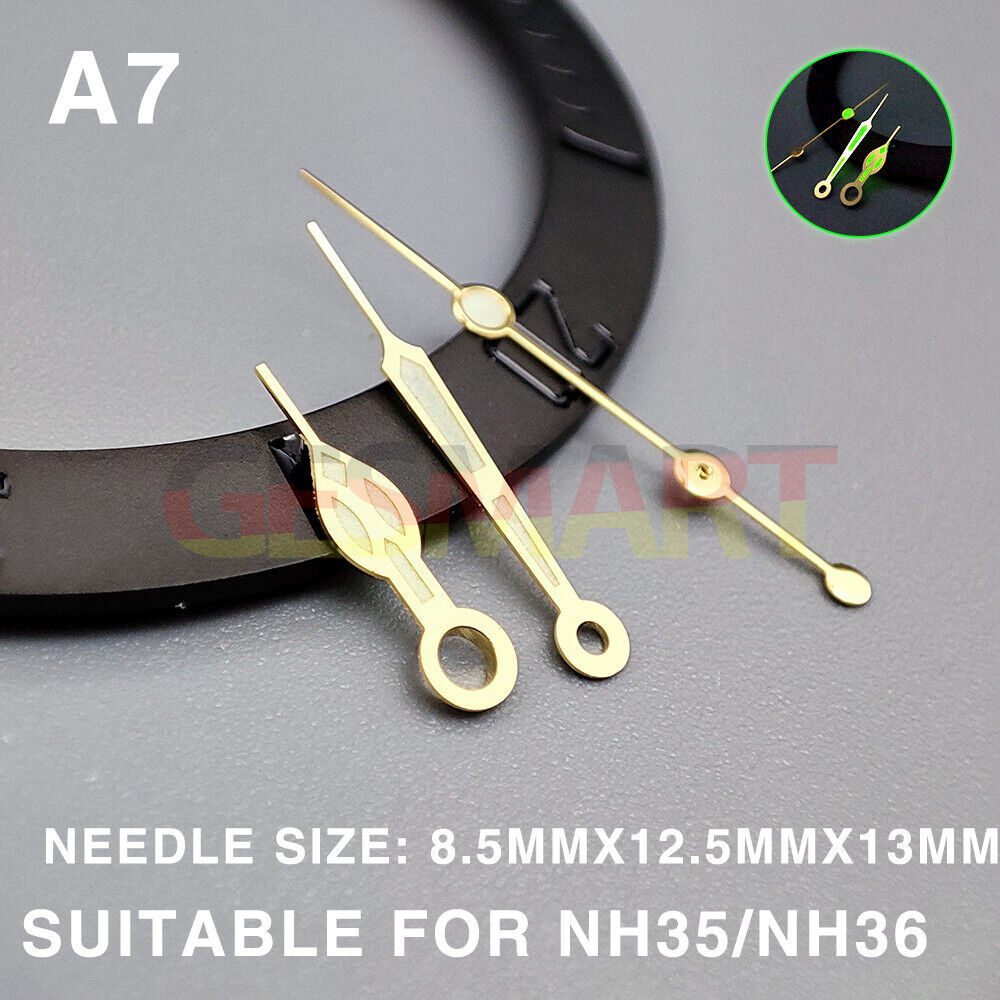 Green luminous golden trim 13mm watch hands designed for Miyota NH35/NH36/NH38 movements.