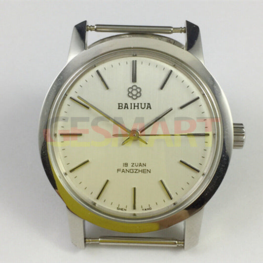 China Baihua 37mm manual mechanical watch with 19 jewels, silver finish, and shock-resistant design.
