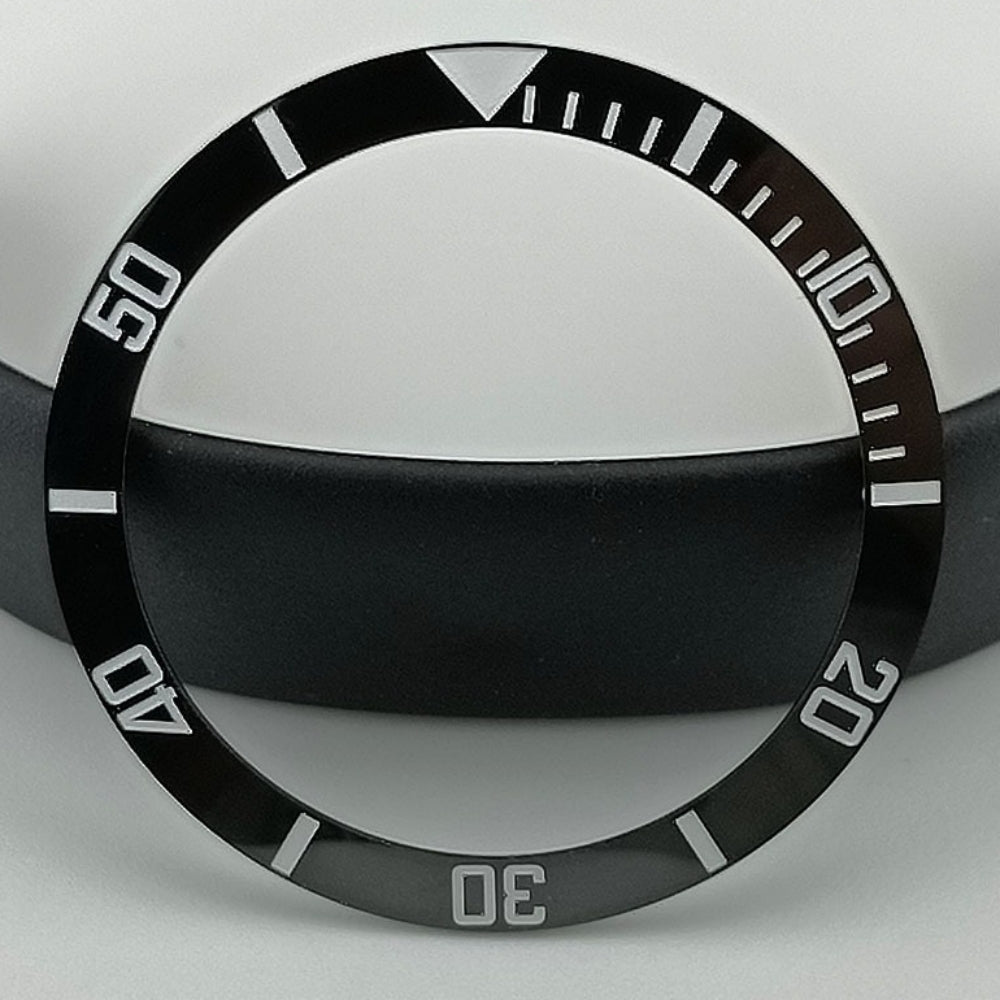 37.5mm black ceramic SUB watch bezel with white font, no lume, durable replacement part.