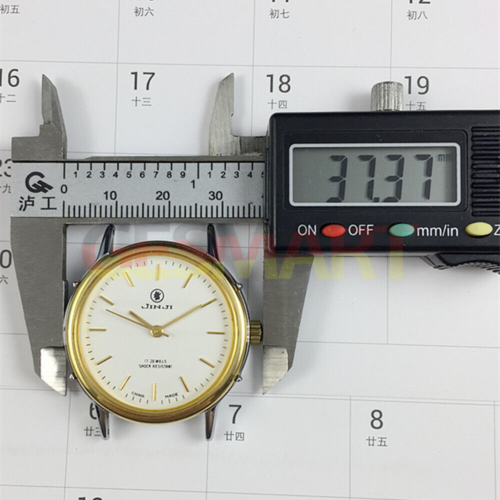 Shanghai Jinji 37mm manual mechanical watch with 17 jewels and shock-resistant golden nail design.