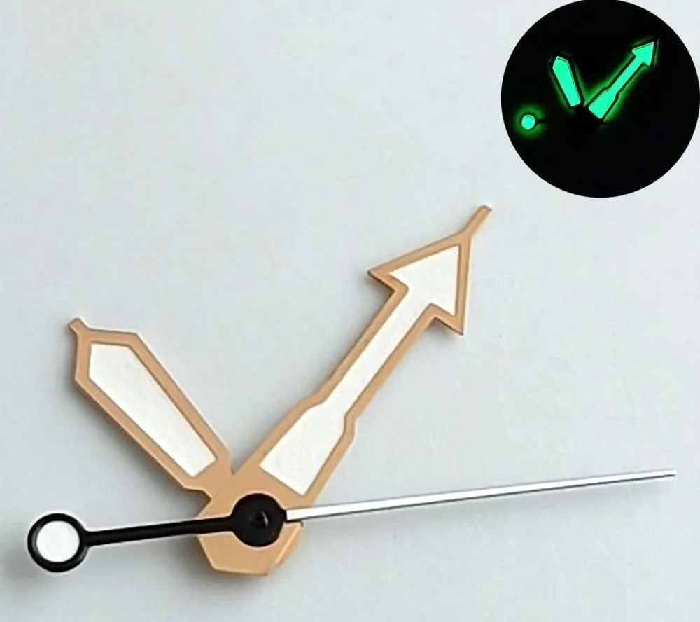 Arrow-shaped green lume watch hands with rose gold trim, compatible with NH35 NH36 7S26 NH70 movements, Arrow brand.