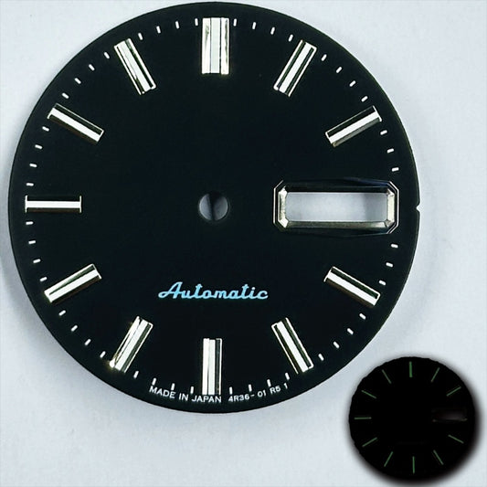 Black 28.5mm Modified Datejust dial with green luminous markers for NH35 NH36 movement