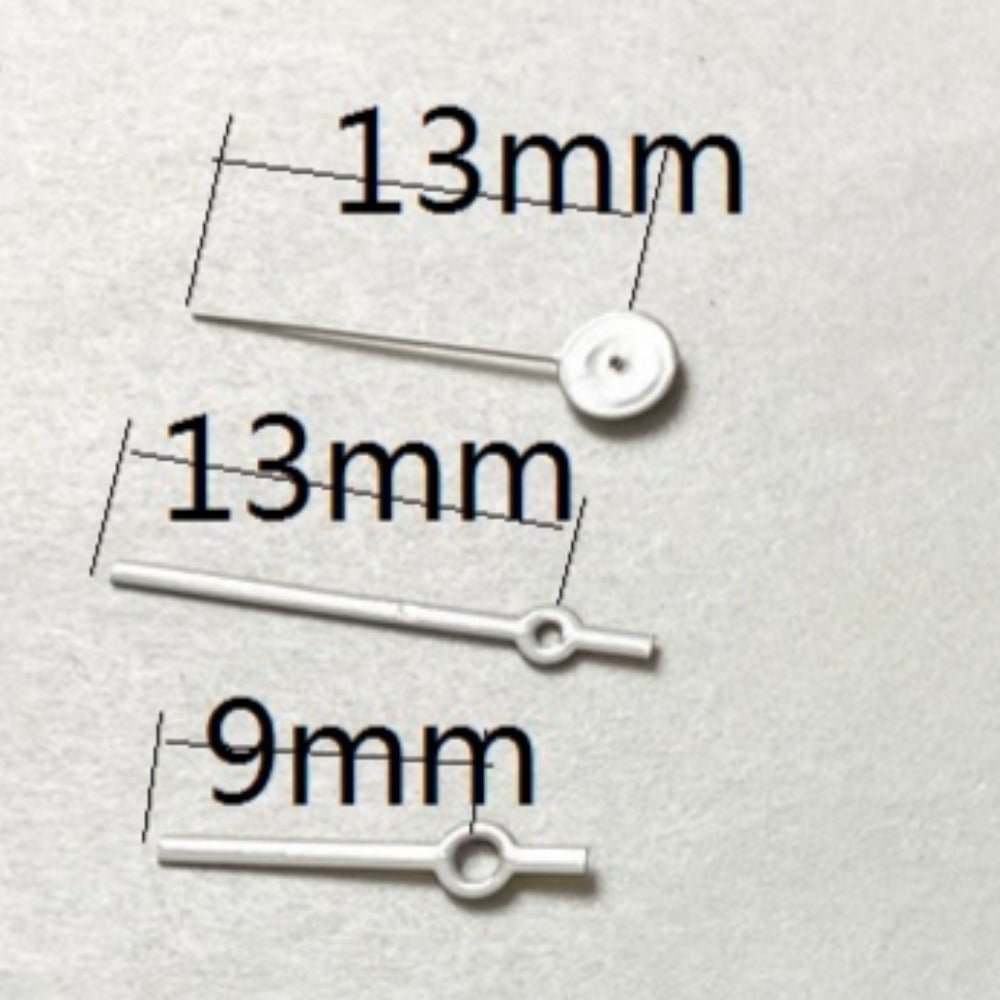 White painted 13x13x9mm watch hands for Miyota 2035 quartz movement, precise accessory.