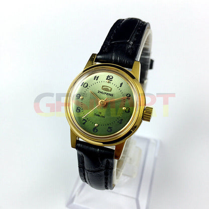 Montre mécanique manuelle Zhufeng pour femme, boîtier rond, 3 aiguilles, fond vert