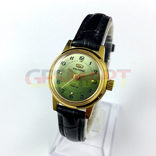 Montre mécanique manuelle Zhufeng pour femme, boîtier rond, 3 aiguilles, fond vert