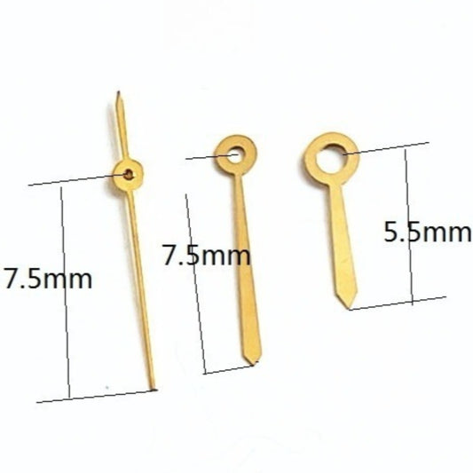 Golden 7.5mm watch hands for Ronda 785 movement, precise fit for elegant timepiece repair.