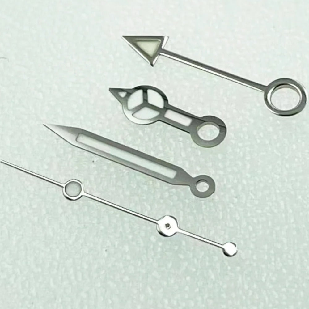 Silver+Silver trim blue luminous diving watch hands set for NH34 GMT movement, ideal for precision timekeeping.