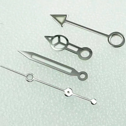 Silver+Silver trim blue luminous diving watch hands set for NH34 GMT movement, ideal for precision timekeeping.