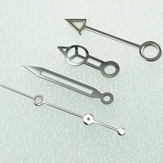 Silver+Silver trim blue luminous diving watch hands set for NH34 GMT movement, ideal for precision timekeeping.